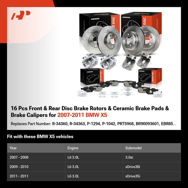 16 Pcs Front & Rear Disc Brake Rotors & Ceramic Brake Pads & Brake Calipers for 2007-2011 BMW X5
