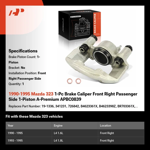 1990-1995 Mazda 323 1-Pc Brake Caliper Front Right Passenger Side 1-Piston A-Premium APBC0839