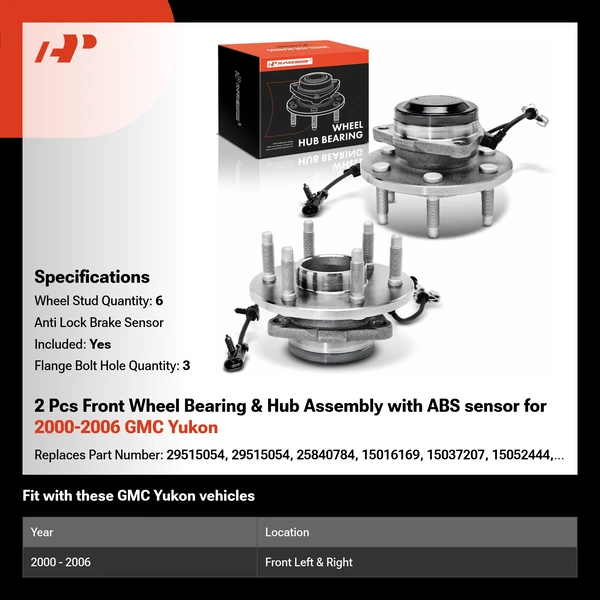 2 Pcs Front Wheel Bearing & Hub Assembly with ABS sensor for 2000-2006 GMC Yukon