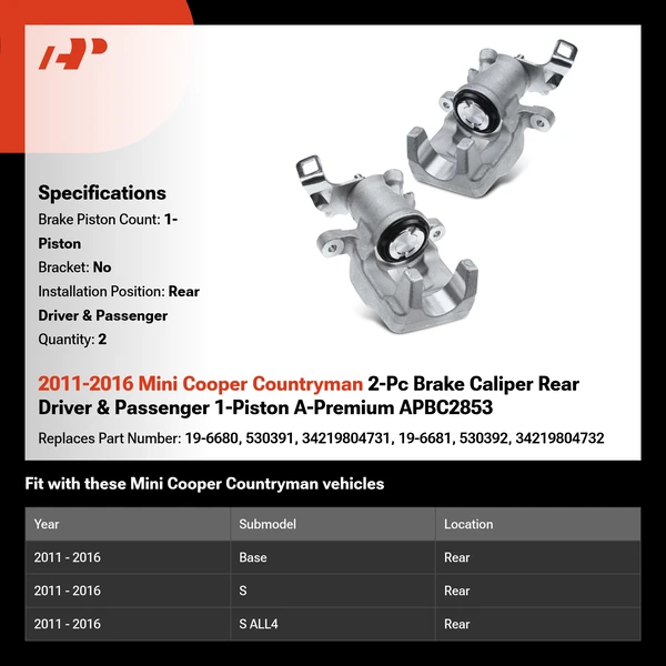 2011-2016 Mini Cooper Countryman 2-Pc Brake Caliper Rear Driver & Passenger 1-Piston A-Premium APBC2853