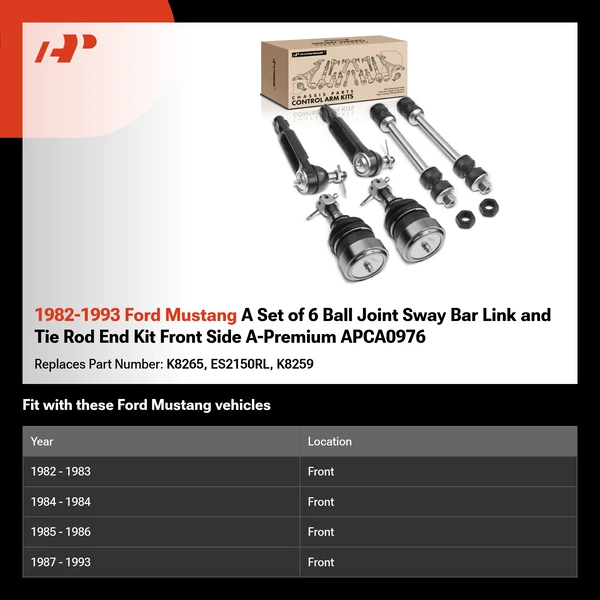 1982-1993 Ford Mustang A Set of 6 Ball Joint Sway Bar Link and Tie Rod End Kit Front Side A-Premium APCA0976