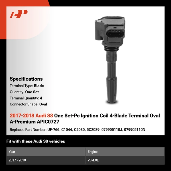 2017-2018 Audi S8 One Set-Pc Ignition Coil 4-Blade Terminal Oval A-Premium APIC0727