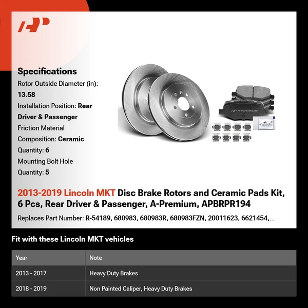 2013-2019 Lincoln MKT Disc Brake Rotors and Ceramic Pads Kit, 6 Pcs, Rear Driver & Passenger, A-Premium, APBRPR194