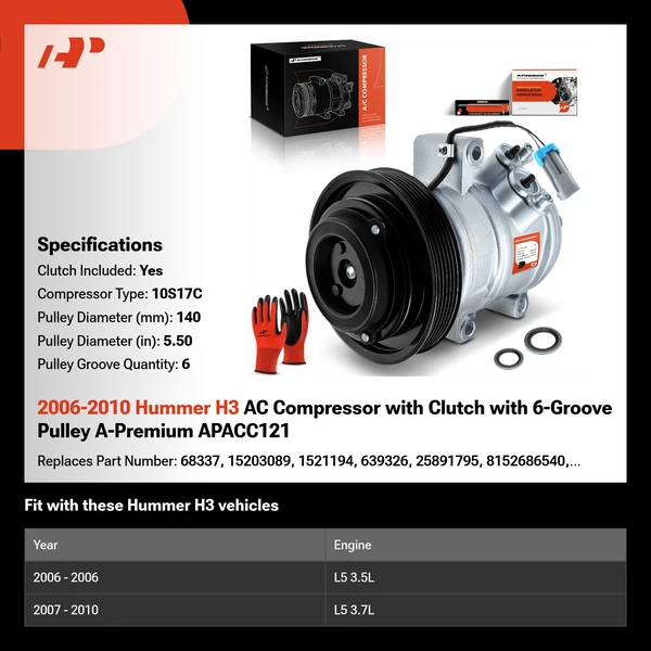 2006-2010 Hummer H3 AC Compressor with Clutch with 6-Groove Pulley A-Premium APACC121