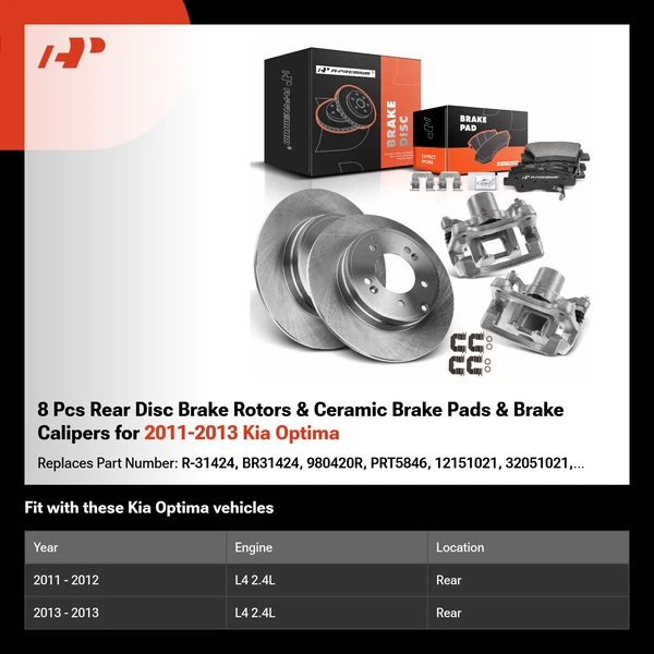 8 Pcs Rear Disc Brake Rotors & Ceramic Brake Pads & Brake Calipers for 2011-2013 Kia Optima