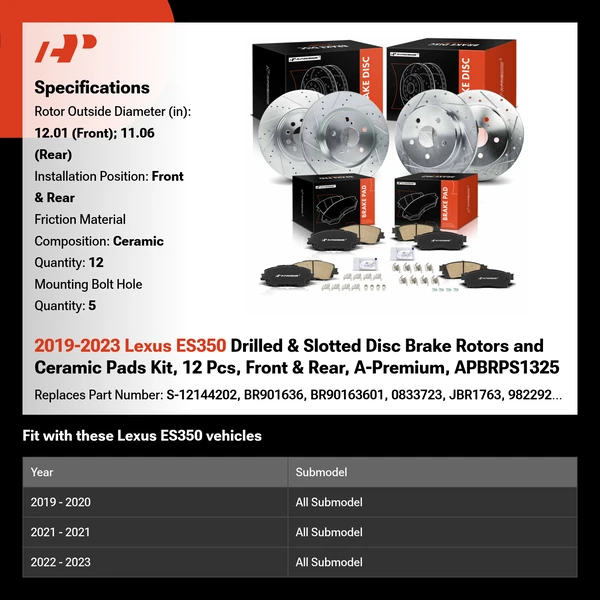 2019-2023 Lexus ES350 Drilled & Slotted Disc Brake Rotors and Ceramic Pads Kit, 12 Pcs, Front & Rear, A-Premium, APBRPS1325