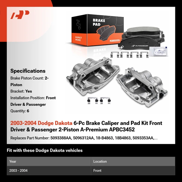2003-2004 Dodge Dakota 6-Pc Brake Caliper and Pad Kit Front Driver & Passenger 2-Piston A-Premium APBC3452