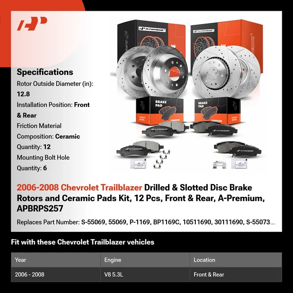 2006-2008 Chevrolet Trailblazer Drilled & Slotted Disc Brake Rotors and Ceramic Pads Kit, 12 Pcs, Front & Rear, A-Premium, APBRPS257