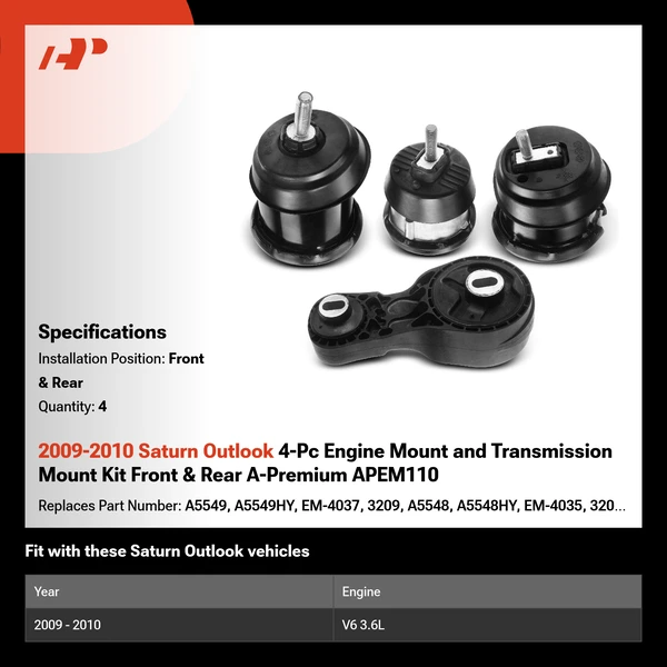 2009-2010 Saturn Outlook 4-Pc Engine Mount and Transmission Mount Kit Front & Rear A-Premium APEM110