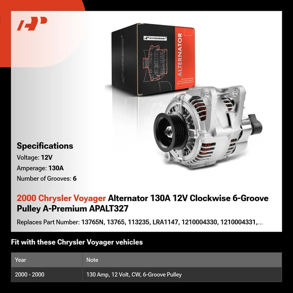 2000 Chrysler Voyager Alternator 130A 12V Clockwise 6-Groove Pulley A-Premium APALT327