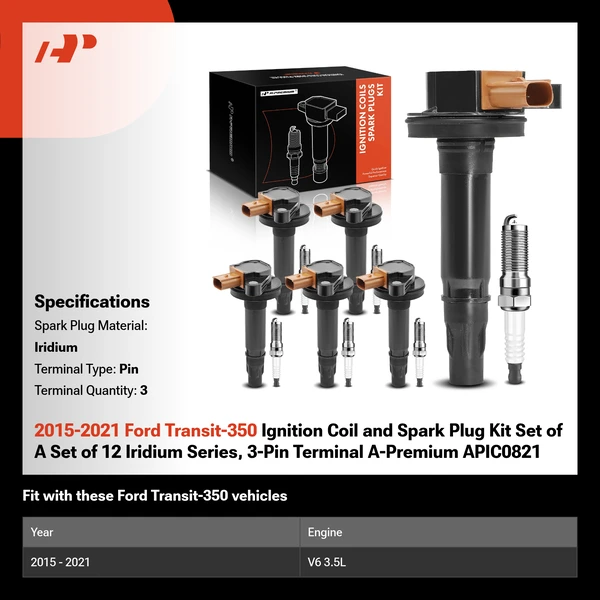 2015-2021 Ford Transit-350 Ignition Coil and Spark Plug Kit Set of A Set of 12 Iridium Series, 3-Pin Terminal A-Premium APIC0821