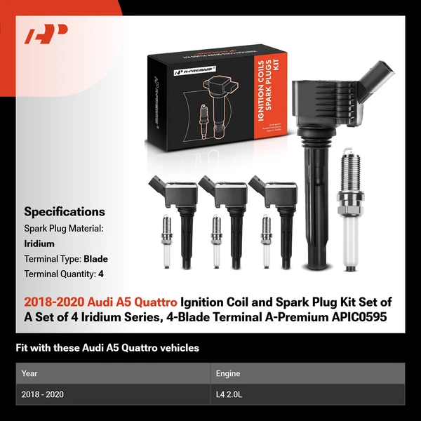 2018-2020 Audi A5 Quattro Ignition Coil and Spark Plug Kit Set of A Set of 4 Iridium Series, 4-Blade Terminal A-Premium APIC0595