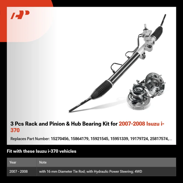 3 Pcs Rack and Pinion & Hub Bearing Kit for 2007-2008 Isuzu i-370