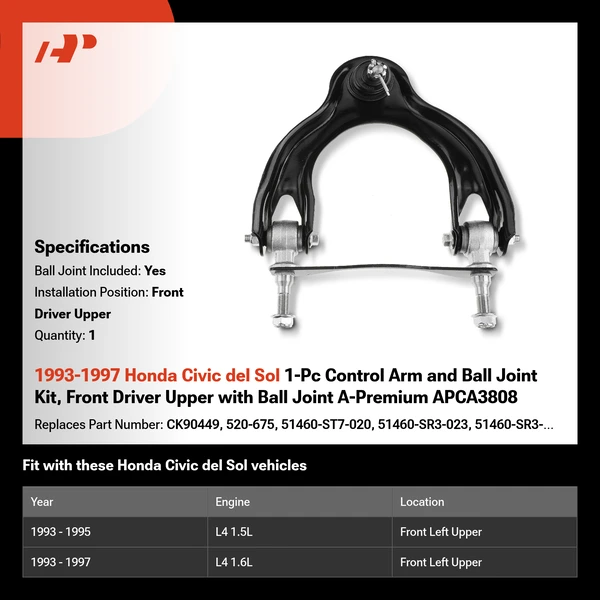 1993-1997 Honda Civic del Sol 1-Pc Control Arm and Ball Joint Kit, Front Driver Upper with Ball Joint A-Premium APCA3808