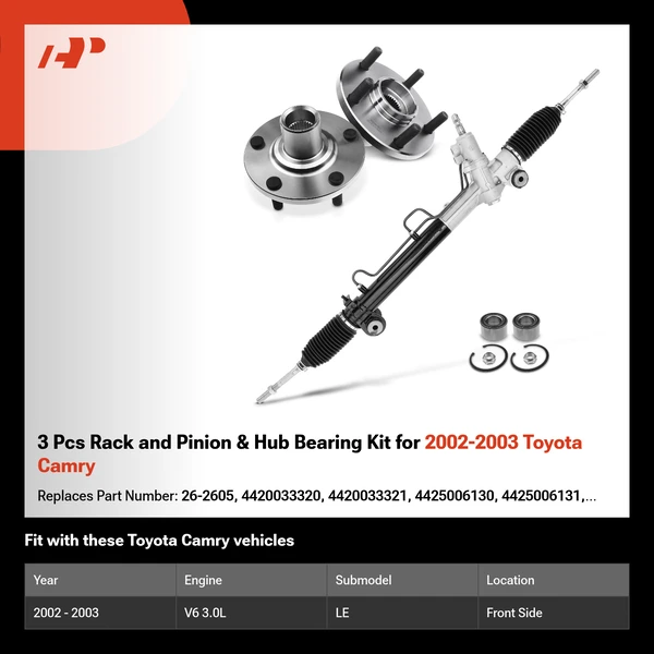 3 Pcs Rack and Pinion & Hub Bearing Kit for 2002-2003 Toyota Camry