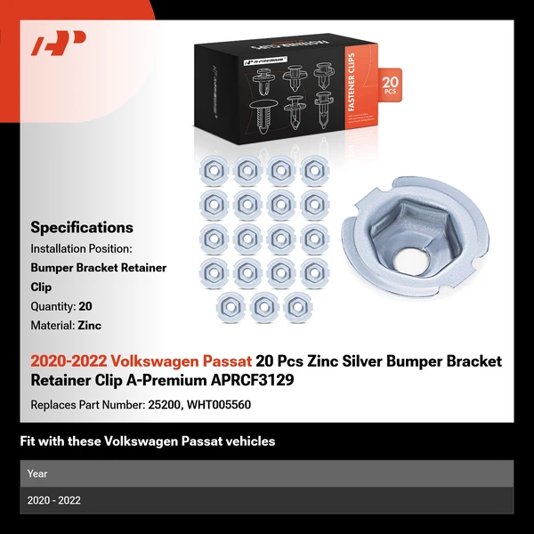 2020-2022 Volkswagen Passat 20 Pcs Zinc Silver Bumper Bracket Retainer Clip A-Premium APRCF3129