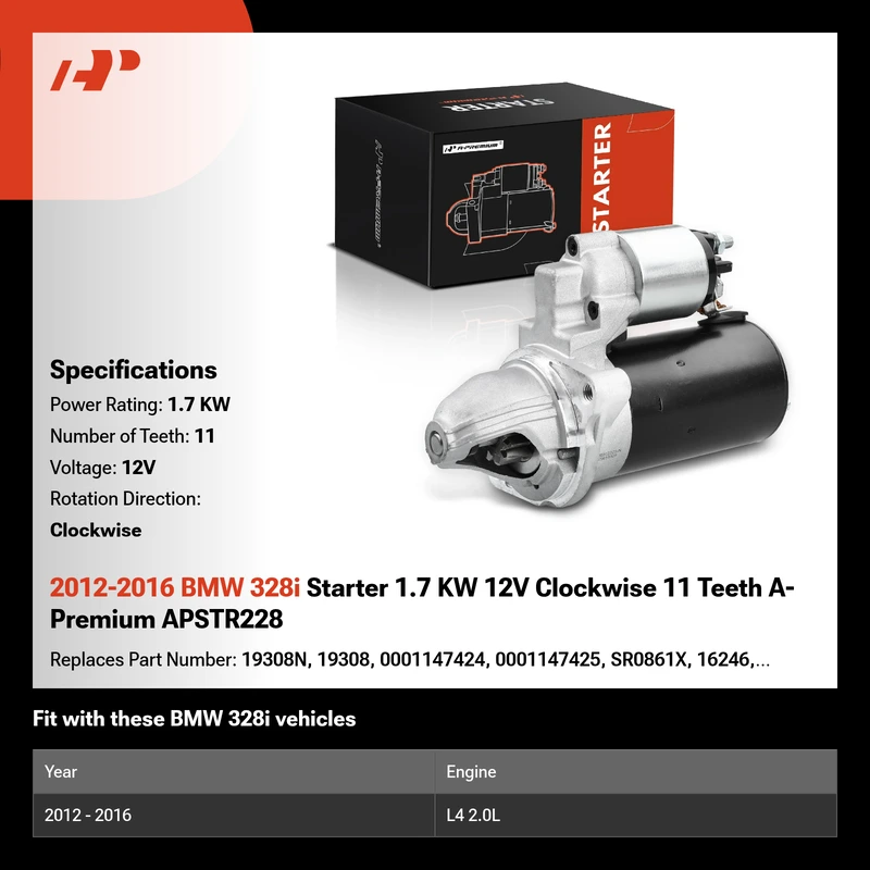 2012-2016 BMW 328i Starter 1.7 KW 12V Clockwise 11 Teeth A-Premium APSTR228