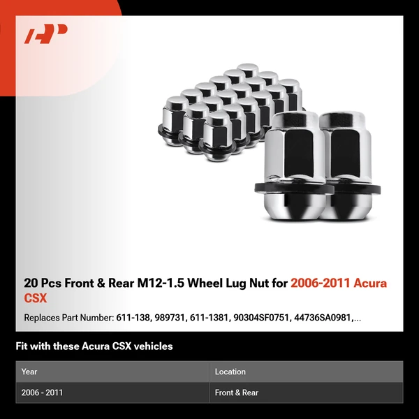 20 Pcs Front & Rear M12-1.5 Wheel Lug Nut for 2006-2011 Acura CSX