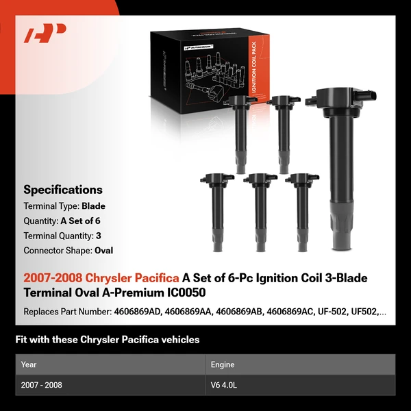 2007-2008 Chrysler Pacifica A Set of 6-Pc Ignition Coil 3-Blade Terminal Oval A-Premium IC0050