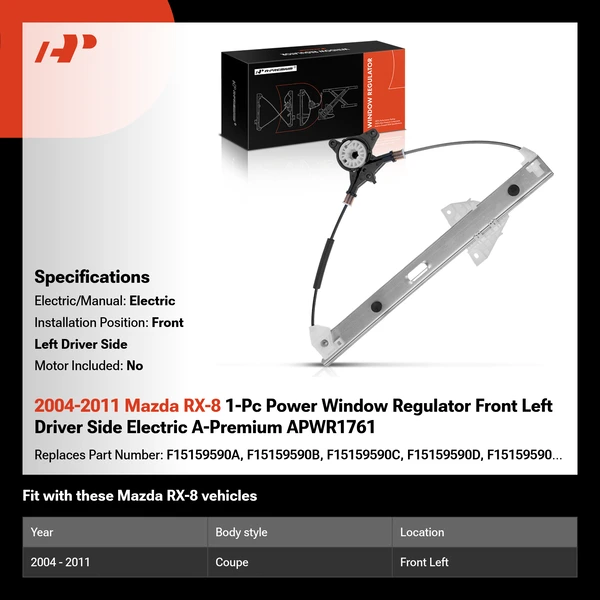 2004-2011 Mazda RX-8 1-Pc Power Window Regulator Front Left Driver Side Electric A-Premium APWR1761