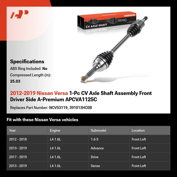 2012-2019 Nissan Versa 1-Pc CV Axle Shaft Assembly Front Driver Side A-Premium APCVA1125C
