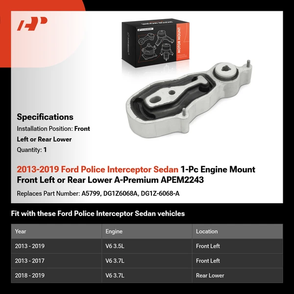 2013-2019 Ford Police Interceptor Sedan 1-Pc Engine Mount Front Left or Rear Lower A-Premium APEM2243