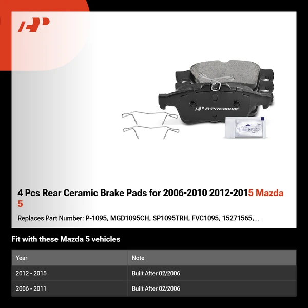 4 Pcs Rear Ceramic Brake Pads for 2006-2010 2012-2015 Mazda 5