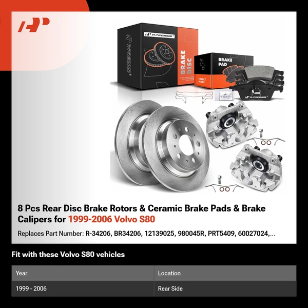 8 Pcs Rear Disc Brake Rotors & Ceramic Brake Pads & Brake Calipers for 1999-2006 Volvo S80