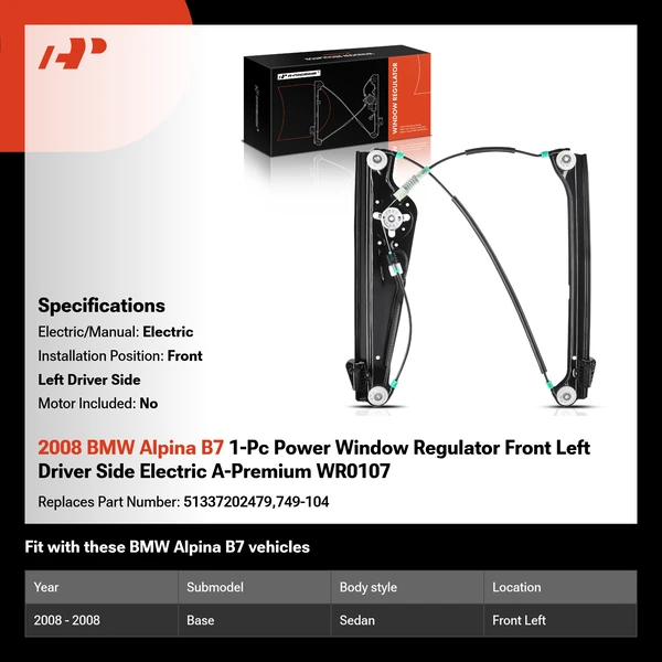 2008 BMW Alpina B7 1-Pc Power Window Regulator Front Left Driver Side Electric A-Premium WR0107