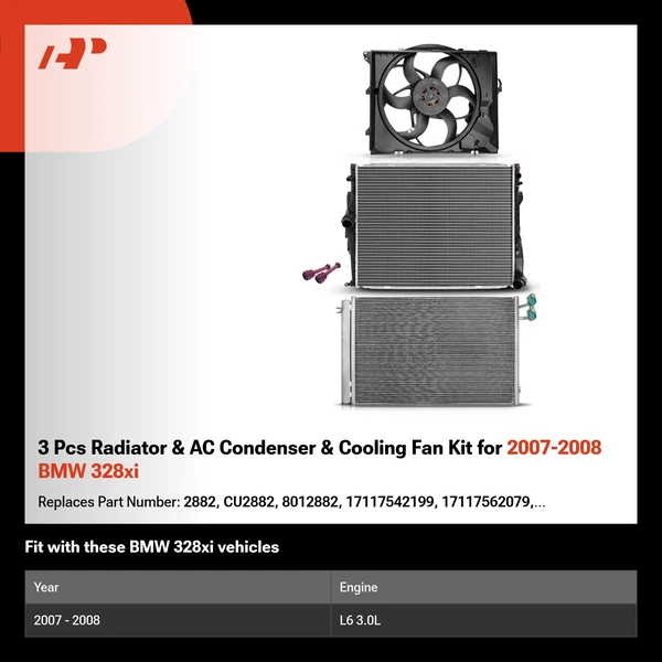 3 Pcs Radiator & AC Condenser & Cooling Fan Kit for 2007-2008 BMW 328xi