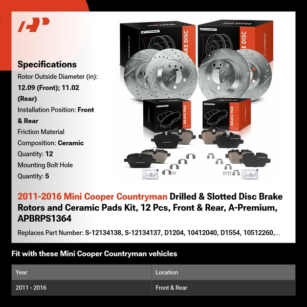 2011-2016 Mini Cooper Countryman Drilled & Slotted Disc Brake Rotors and Ceramic Pads Kit, 12 Pcs, Front & Rear, A-Premium, APBRPS1364