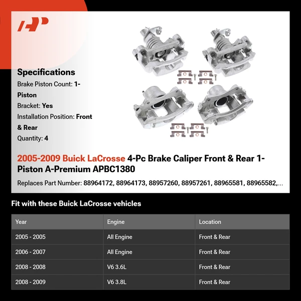 2005-2009 Buick LaCrosse 4-Pc Brake Caliper Front & Rear 1-Piston A-Premium APBC1380