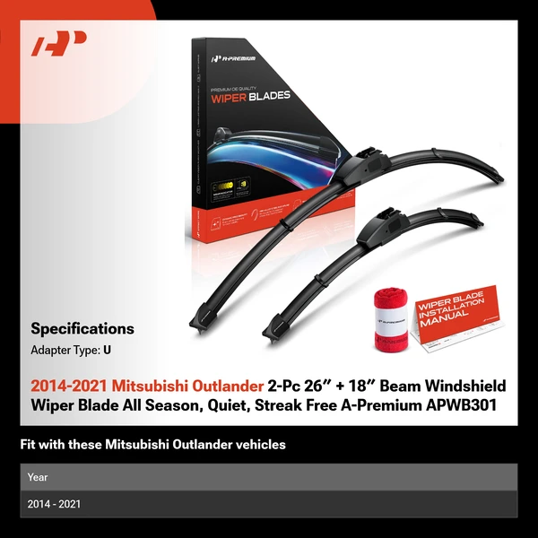 2014-2021 Mitsubishi Outlander 2-Pc 26″ + 18″ Beam Windshield Wiper Blade All Season, Quiet, Streak Free A-Premium APWB301