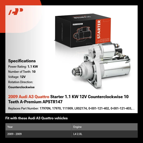 2009 Audi A3 Quattro Starter 1.1 KW 12V Counterclockwise 10 Teeth A-Premium APSTR147