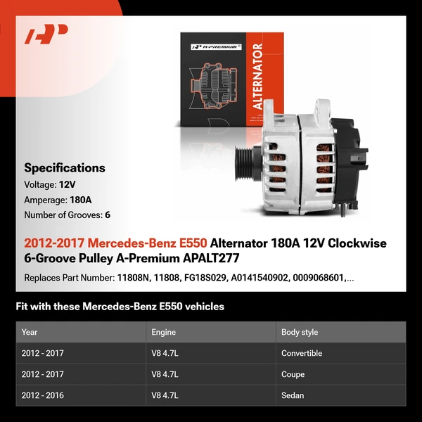 2012-2017 Mercedes-Benz E550 Alternator 180A 12V Clockwise 6-Groove Pulley A-Premium APALT277