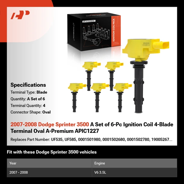 2007-2008 Dodge Sprinter 3500 A Set of 6-Pc Ignition Coil 4-Blade Terminal Oval A-Premium APIC1227