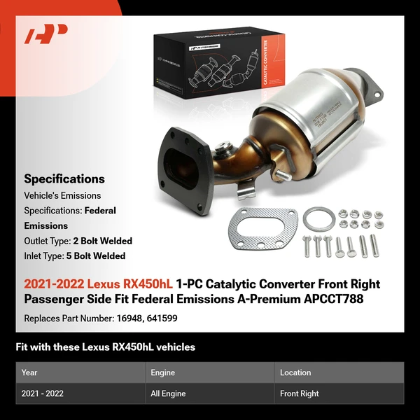 2021-2022 Lexus RX450hL 1-PC Catalytic Converter Front Right Passenger Side Fit Federal Emissions A-Premium APCCT788