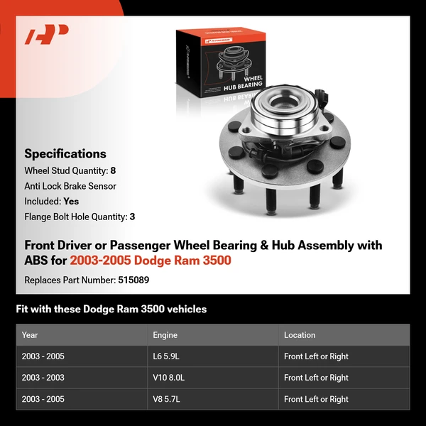Front Driver or Passenger Wheel Bearing & Hub Assembly with ABS for 2003-2005 Dodge Ram 3500