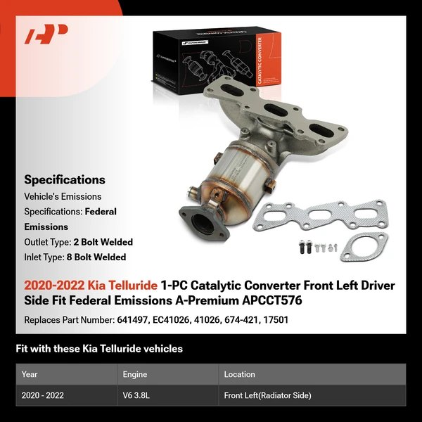 2020-2022 Kia Telluride 1-PC Catalytic Converter Front Left Driver Side Fit Federal Emissions A-Premium APCCT576