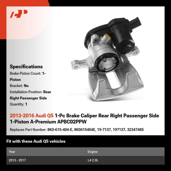 2013-2016 Audi Q5 1-Pc Brake Caliper Rear Right Passenger Side 1-Piston A-Premium APBC02PPW