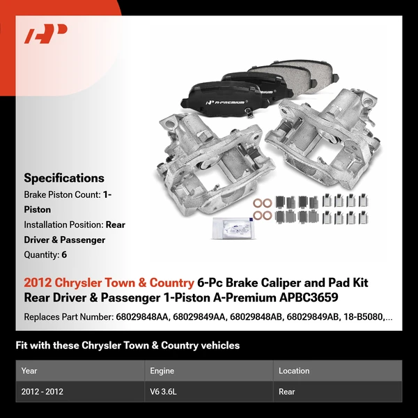 2012 Chrysler Town & Country 6-Pc Brake Caliper and Pad Kit Rear Driver & Passenger 1-Piston A-Premium APBC3659