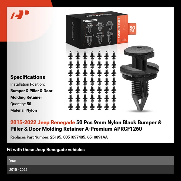 2015-2022 Jeep Renegade 50 Pcs 9mm Nylon Black Bumper & Piller & Door Molding Retainer A-Premium APRCF1260