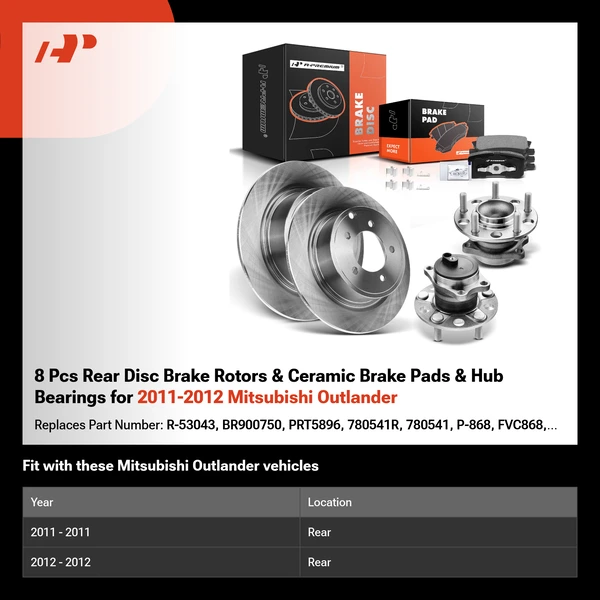 8 Pcs Rear Disc Brake Rotors & Ceramic Brake Pads & Hub Bearings for 2011-2012 Mitsubishi Outlander