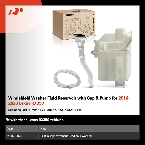 Windshield Washer Fluid Reservoir with Cap & Pump for 2016-2020 Lexus RX350