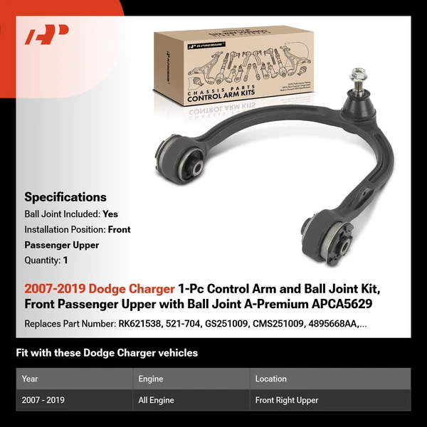 2007-2019 Dodge Charger 1-Pc Control Arm and Ball Joint Kit, Front Passenger Upper with Ball Joint A-Premium APCA5629
