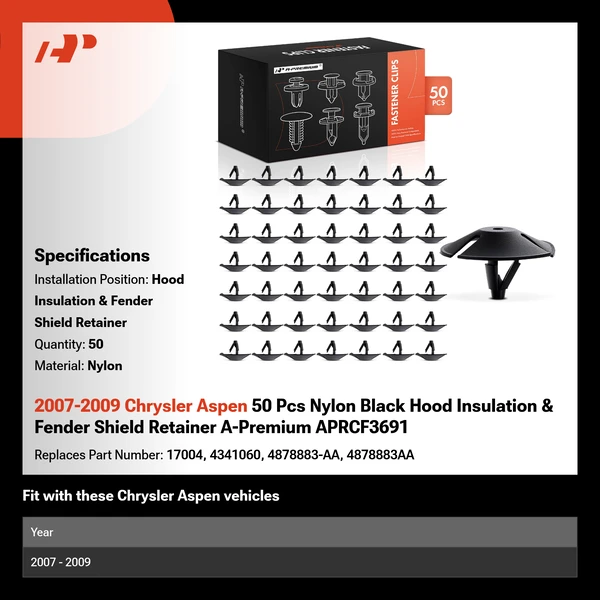 2007-2009 Chrysler Aspen 50 Pcs Nylon Black Hood Insulation & Fender Shield Retainer A-Premium APRCF3691