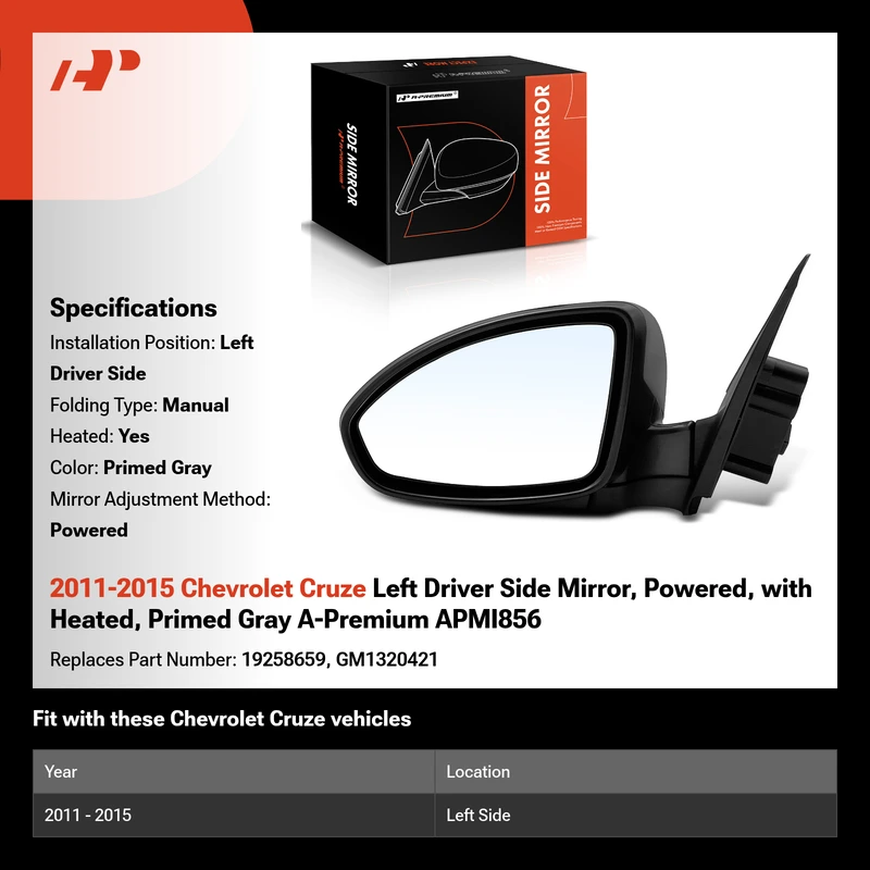 2011-2015 Chevrolet Cruze Left Driver Side Mirror, Powered, with Heated, Primed Gray A-Premium APMI856