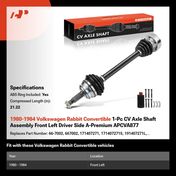 1980-1984 Volkswagen Rabbit Convertible 1-Pc CV Axle Shaft Assembly Front Left Driver Side A-Premium APCVA877