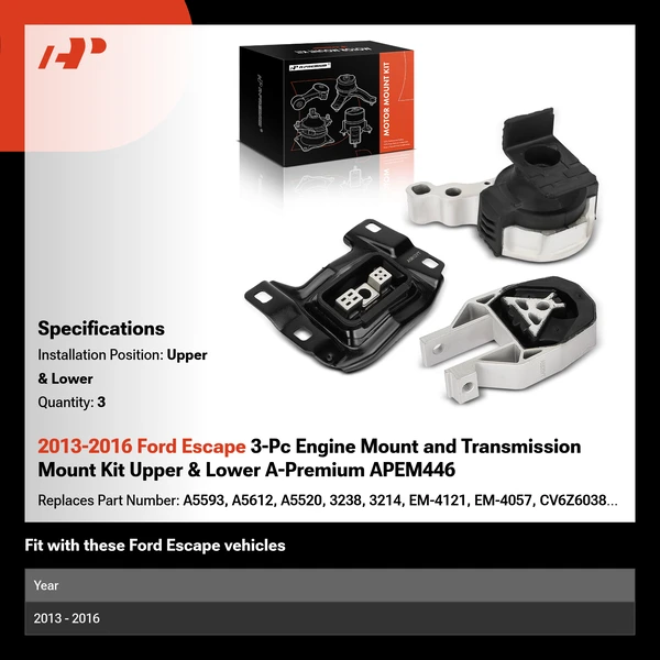 2013-2016 Ford Escape 3-Pc Engine Mount and Transmission Mount Kit Upper & Lower A-Premium APEM446