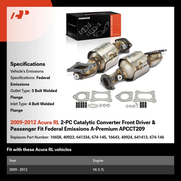 2009-2012 Acura RL 2-PC Catalytic Converter Front Driver & Passenger Fit Federal Emissions A-Premium APCCT209